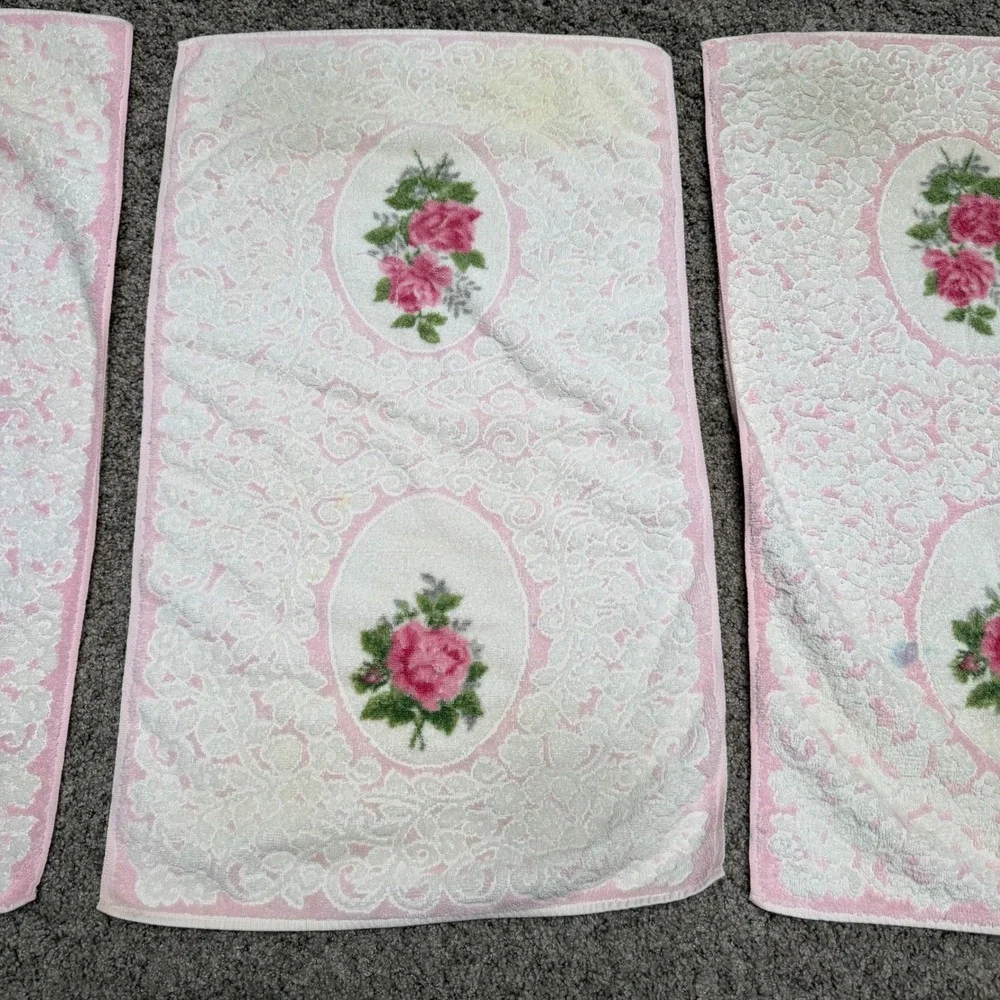 70s Vintage Cannon Royal Family 6pc Towel Set Pink Rose Floral Cotton White‎